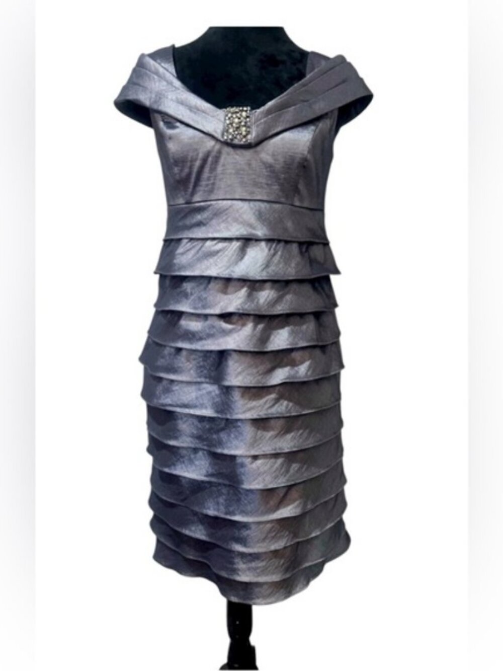 Jessica Howard Evenings Silver Tiered Cocktail Dress Rhinestone Size 6 - Picture 2 of 10